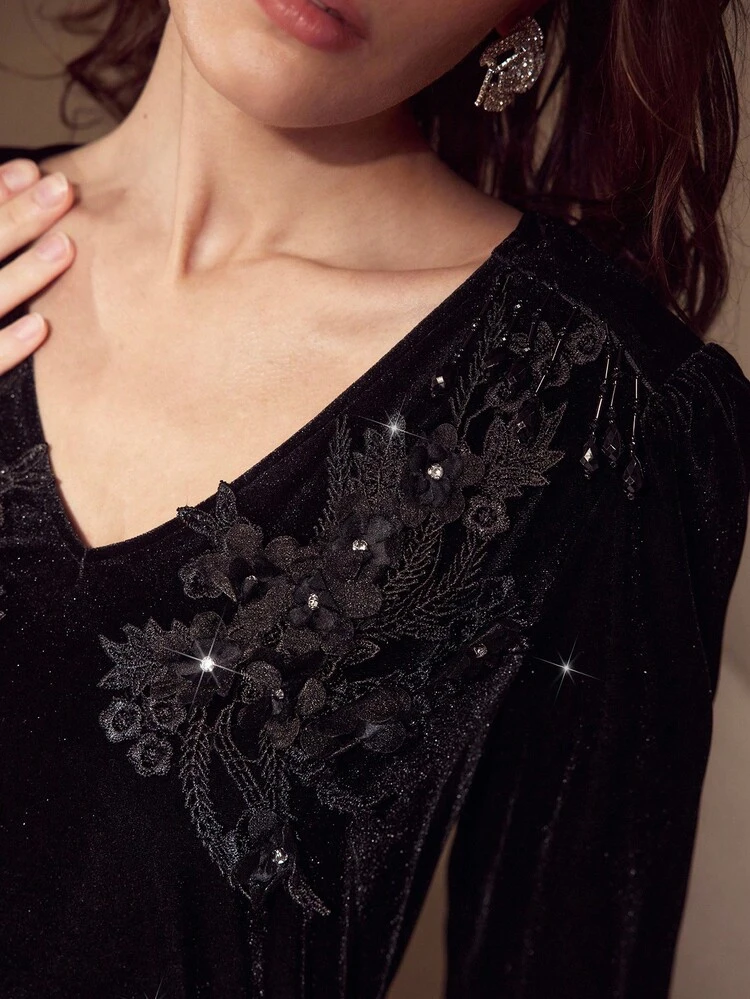 女性用秋 Vネック ベロア 長袖トップ、スタイリッシュデザイン