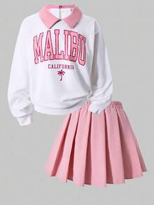 SHEIN Explorewe 2pcs/Set Tween Girls2 In 1 Polo Collar Sweatshirt And Skirt Outfit - Pink - View 4