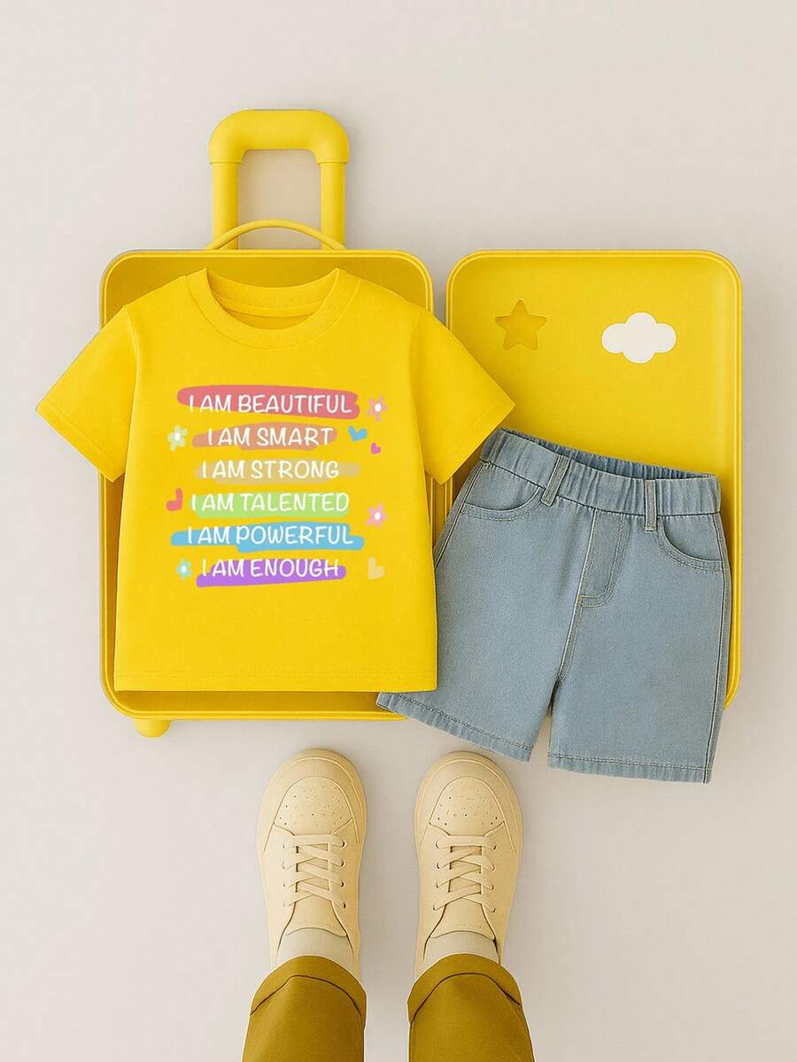 1件年輕女孩可愛口號印花短袖T恤 - 黃色 - 查看 1