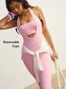 VARSIVA 女式撞色滚边镂空后背无袖运动连体裤瑜伽连体裤普拉提连体裤喇叭裤粉色连体裤 - 彩色 - 查看 12