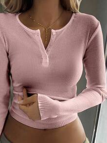 DAZY Camiseta de manga larga casual con botones, acanalada y plisada de unicolor