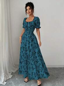 Elenzga 女式复古优雅花卉印花方领 A 字长裙，适合休闲、度假、日常聚会、春夏季 - 藍色 - 查看 6