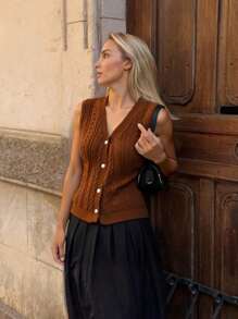 EURMUSE Women Button Front Cable Knit Sweater Vest - Brown - View 7