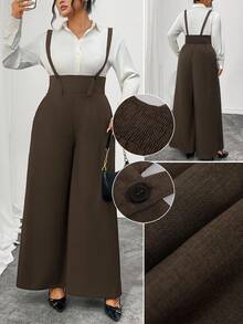 SHEIN Clasi Plus Size Women Elegant Everyday Commute Comfortable Cinched Waist Long Jumpsuit, Suitable For All Seasons - Coffee Brown - View 7