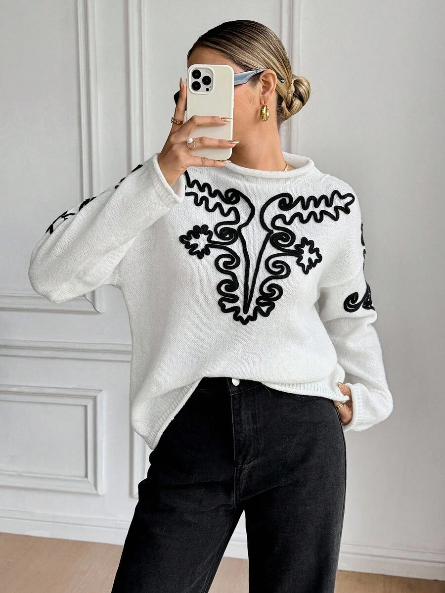 Serisse Women's Elegant White And Black Patterned Sweater,Autumn Casual Loose Fit Drop Shoulder Long Sleeve Chic Sweater For Party,Brunch,,Winter - Apricot - View 1