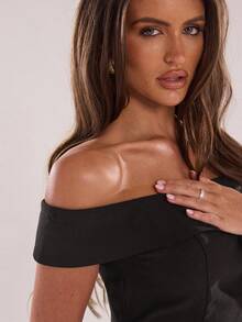 SHEIN BAE 女士纯色露肩上衣和裤子优雅两件套 - 黑色 - 查看 8