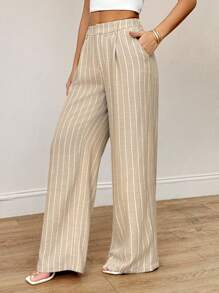 SHEIN PETITE 女士条纹长裤夏威夷女士办公室女士西装裤女士家居舒适裤两件套女士秋冬套装女士 - 卡其色 - 查看 3