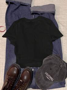 Attitoon Women's Floral & Hawaiian Print Crew Neck Short Sleeve Fitted T-Shirt, Suitable For Summer - Black - View 3