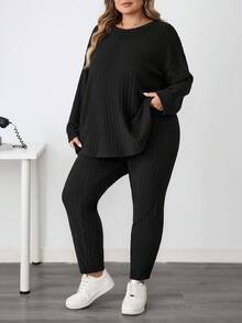 SHEIN CURVE+ Bộ 2 món/Bộ đồ thể thao phong cách Pháp cỡ lớn cho nữ trở lại trường, quần legging họa tiết tối giản và áo dài tay/Mùa thu/Mùa đông - màu đen - Xem 4