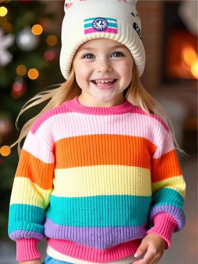 SHEIN Young Girl's And Young Girl's Colorful Striped Textured Crew Neck Sweater, Suitable For Casual Daily Wear,In Fall/Winter