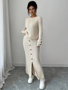 Elenzga 女士休闲通勤纯色毛衣和前扣开衩针织裙套装