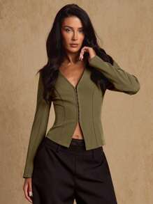 Glamine 优雅简约军绿色衬衫领前开扣长袖夹克，女式，春秋季 - 軍綠色 - 查看 3