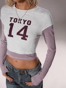 TRNVIE 1pc Women's Gray Round Neck Striped Patchwork Casual T-Shirt, Autumn