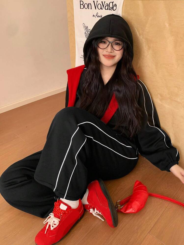 Dazy Plus 2pcs/Set Plus Size Women Hooded Zip-Up Sweatshirt And Sweatpants Casual Sports Set, Spring/Autumn Tracksuits Women Set Lounge Sets For Women