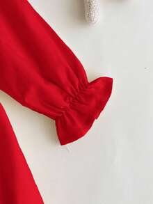 SHEIN 新生女婴可爱花朵荷叶边袖连衣裙，带蝴蝶结装饰 - 紅色 - 查看 3