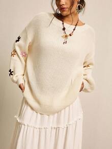 SHEIN VCAY Plus Size Loose Fit Sweater With 3D Floral Decor And Drop Shoulders Autumn Winter Clothes For Women - Beige - View 5