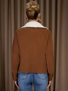 Women's Simple Solid Color Button-Up Long Sleeve Loose Corduroy Jacket,Fur Collar Brown And White Coat For Winter,Casual Occasion Jacket Women - Brown - View 2