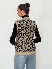 SHEIN Tall Damen Herbst/Winter Einreihige V-Ausschnitt Leoparden Muster Pullunder, Pullunder für Frauen im Herbst, Damen Winter Pullover, Ausgeh Oberteile, Leoparden Muster, Braun, Lässig und Einfach. Ausgehen, Zuhause, Lässig, Elegant, Pendeln, Vielseitig, Hochwertige Aufwertung, Personalisiert, Geeignet für Partys, Pendeln zur Arbeit, Kundentreffen und viele andere Anlässe, Old Money Stil, Boss Feeling, Gangsterfrau Stil, Leoparden Muster Top, Gepard Muster Top - Schwarz - Übersicht 2