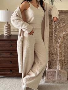 DAZY 3 件套女士简约针织纯色长外套、背心和裤子家居服套装，冬季、秋季衣服睡衣，舒适服装 - 杏色 - 查看 7