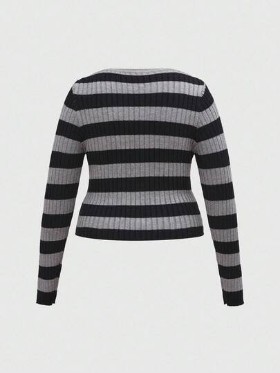 Suéter de punto de manga larga con cuello redondo, diseño de pecho calado a rayas negras y grises, para uso casual en otoño/invierno, talla grande