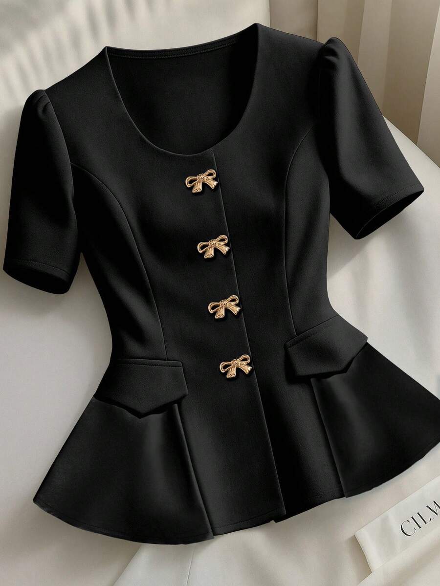 SHEIN Clasi Halloween Black High-End Unique Elegant Gold Metal Bow Single-Breasted Elegant Party Women Short Sleeve Blouse - Black - View 1