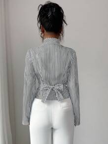 Elenzga 女式条纹常规肩长袖裹身时尚衬衫 - 彩色 - 查看 2