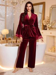 LuxeNights 2pcs Women Elegant Mesh Patchwork Flare Sleeve Velvet Long Sleeve Top And Pants Pajama Set, Autumn/Winter, Fall Clothes  Cozy And Elegant Details - Burgundy - View 3