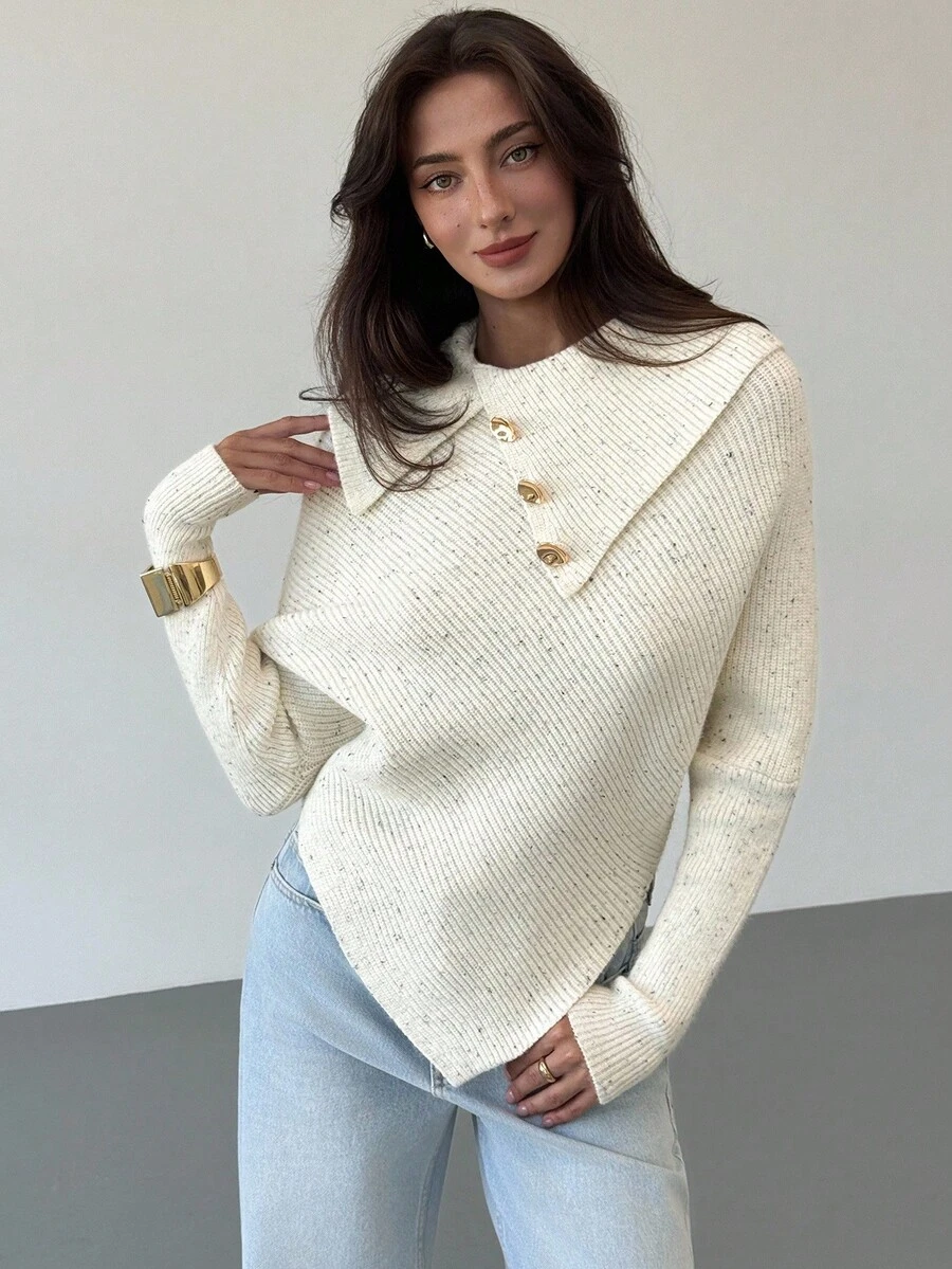 Aloruh 女式不对称蝙蝠袖高领纯色经典针织上衣，时尚百搭，适合度假、秋冬