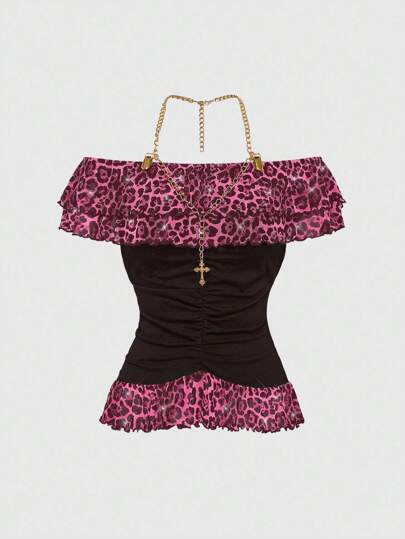 J-Fashion Y2K Gyaru Vintage Leopard Print Rhinestone Metal Chain Halter Neck Ruffle Trim Bodycon Women T-Shirt