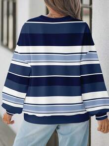 EMERY ROSE Sudadera casual y minimalista a rayas con contraste de color para mujer talla grande, adecuada para otoño/invierno - Multicolor - Ver 2