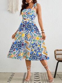 SHEIN VCAY Women's Printed Square Neckline Cami Dress With Drawstring Waist - Multicolor - View 4