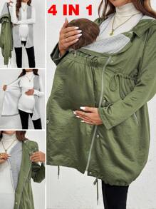 SHEIN Autumn And Winter  Pregnant Women's Solid Color Long Sleeve Zipper Design Drawstring Waist Hooded 3-In-1 Casual Jacket