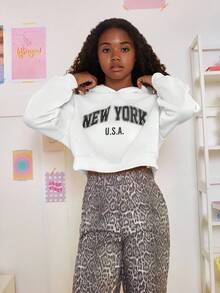 SHEIN 3 件套青少年女孩休闲字母印花针织连帽短款宽松运动衫套头衫，黑/白/灰，买 1 送 2