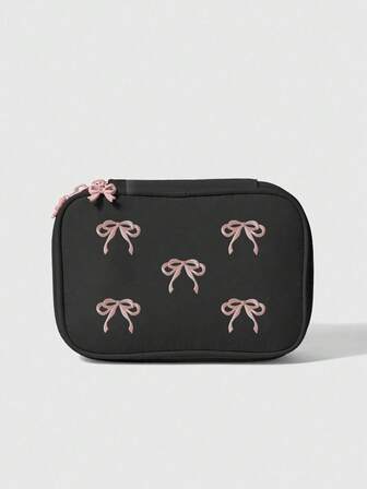Kawaii Bolsa de cosméticos con bordado de lazo rosa, organizador de viaje portátil