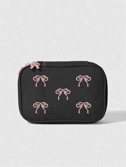Kawaii Borsa cosmetica con fiocco rosa ricamato, organizer da viaggio portatile