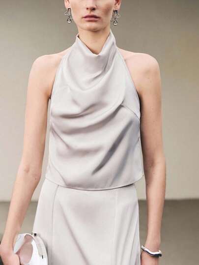 Uhlyne Blusa elegante sin mangas con escote halter y espalda descubierta para mujer, camisa de fiesta elegante