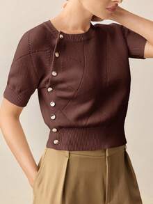 BizChic 2025 Autumn/Winter New Arrival Coffee Color Round Neck Side Single-Breasted Button Decor Diamond Knit Pattern Women Short Sleeve Sweater, Modern Elegant Fashion For Work And Casual