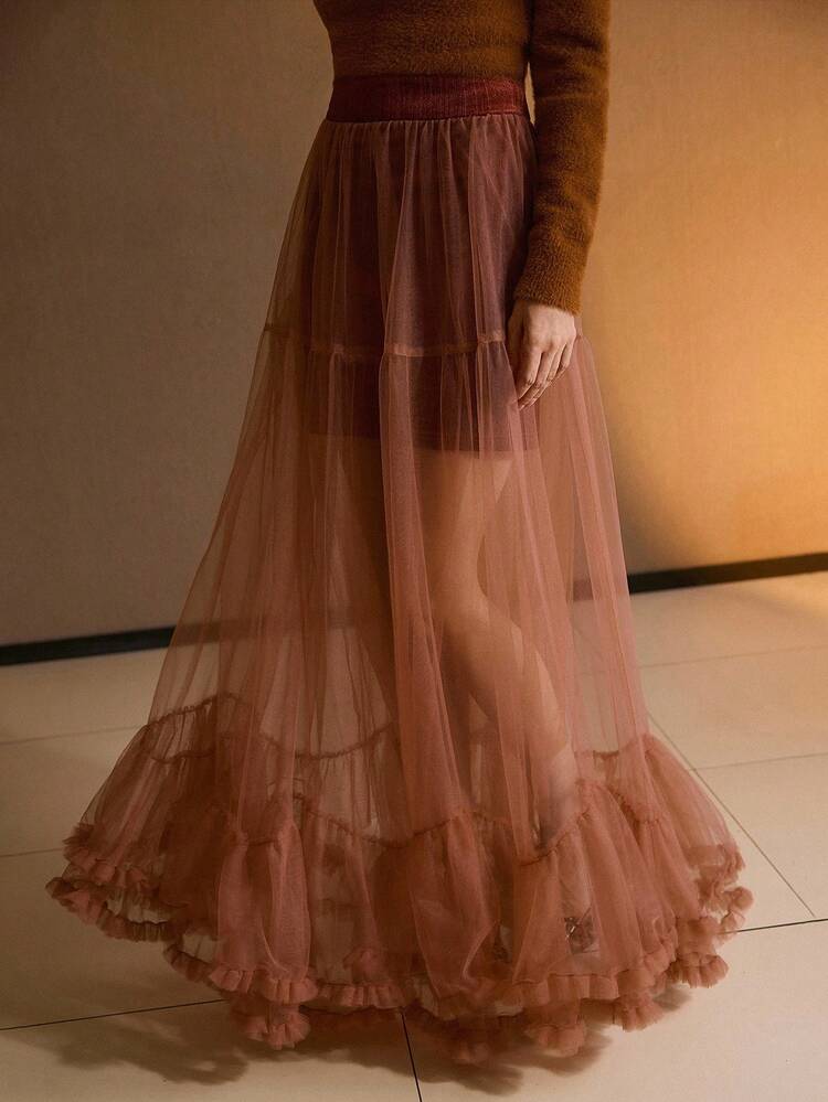CONTRAST MESH RUFFLE HEM SKIRT