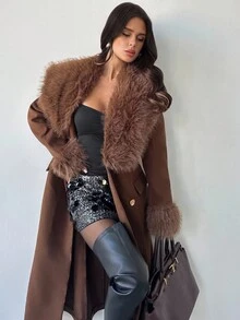 Firerie 女士休闲优雅棕色毛领拼接双面羊毛大衣 / 女士秋季款 / 冬季款 / 秋冬保暖毛领大衣 / 毛领大衣 / 简约优雅 / 知性优雅棕色大衣 / 复古富贵风 / 双面大衣 / 女士舒适秋冬款 / 棕色双面羊毛大衣，两面面料相同 - 棕色 - 查看 4