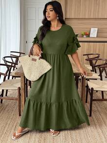 Weeklong 大码纯色圆领荷叶边下摆休闲百褶连衣裙 - 軍綠色 - 查看 5