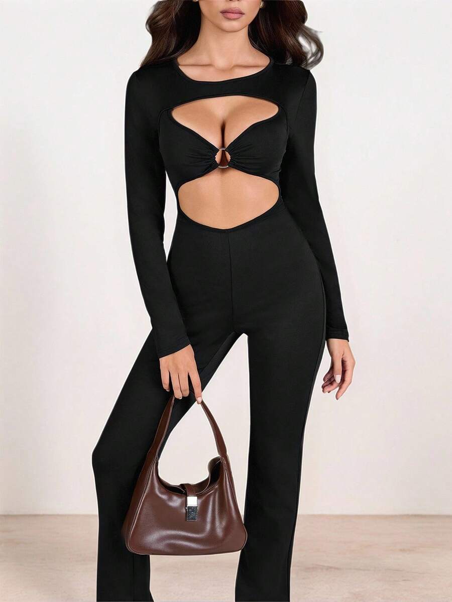 INAWLY Women's Minimalist Solid Color Hollow Circle Detail Jumpsuit, Autumn Fall Cloth For Women - Black - View 1