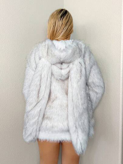Sweetina Women's Faux Fur Coat With Cute Rabbit Ears, Sexy & Cozy For Home & Outdoor In Fall/Winter