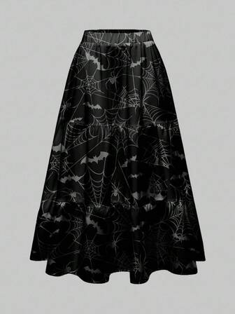 Gothic Spider Web Dark Mori Style Black Halloween Horror Mysterious Spider Full Print Women's A-Line Skirt