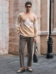 HIMLAND 男士菱形提花针织毛衣，略宽松，秋冬男士毛衣男士套头衫男士针织套头毛衣钻石纹毛衣菱形毛衣 - 卡其色 - 查看 2