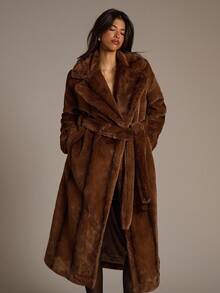 Aloruh 女士秋冬新款黑帮妻子风格渐变色长袖厚人造毛领系带长款人造毛外套 - 咖啡棕 - 查看 4