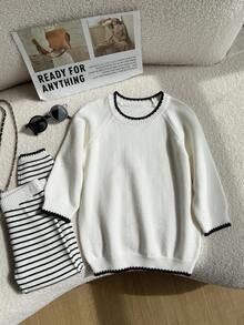 SHEIN 2pcs/Set Young Girl' Warm Thick Striped Knitted Sweater And Pants Set - Apricot - View 4