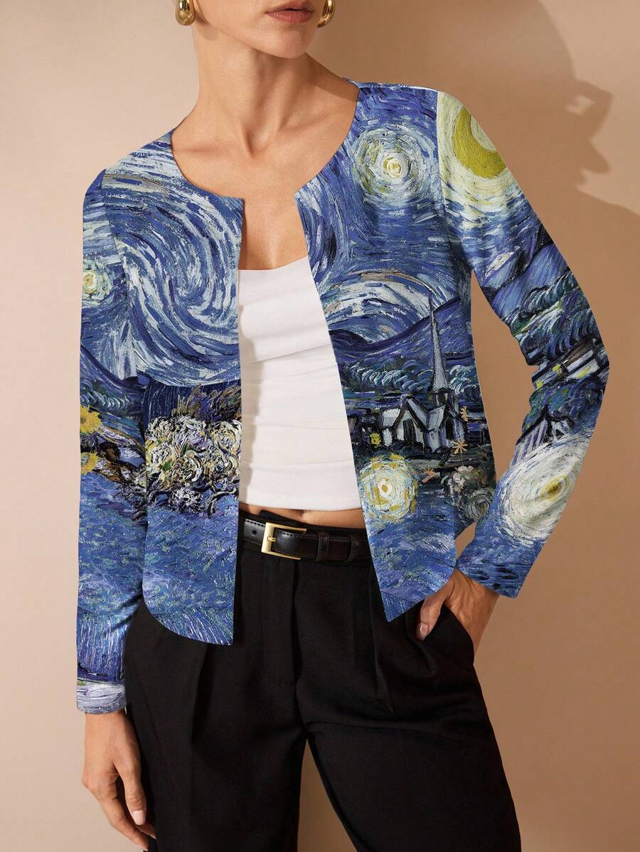 Shutterstock Glamance جاكيت كاجوال بسيطة للنساء، مناسبة للخريف، طباعة فنية على الكارديجان، كارديجان أزرق للنساء - متعدد الألوان - مشاهدة 1