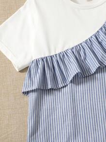 SHEIN Tween Girl Crew Neck Striped Color Block Short Sleeve T-Shirt, Suitable For Summer - Blue and White - View 5