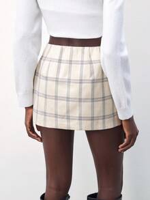 Maija Women's Plaid Pocket Side Zipper Design Short Casual Skirt,Going Out - Apricot - View 3