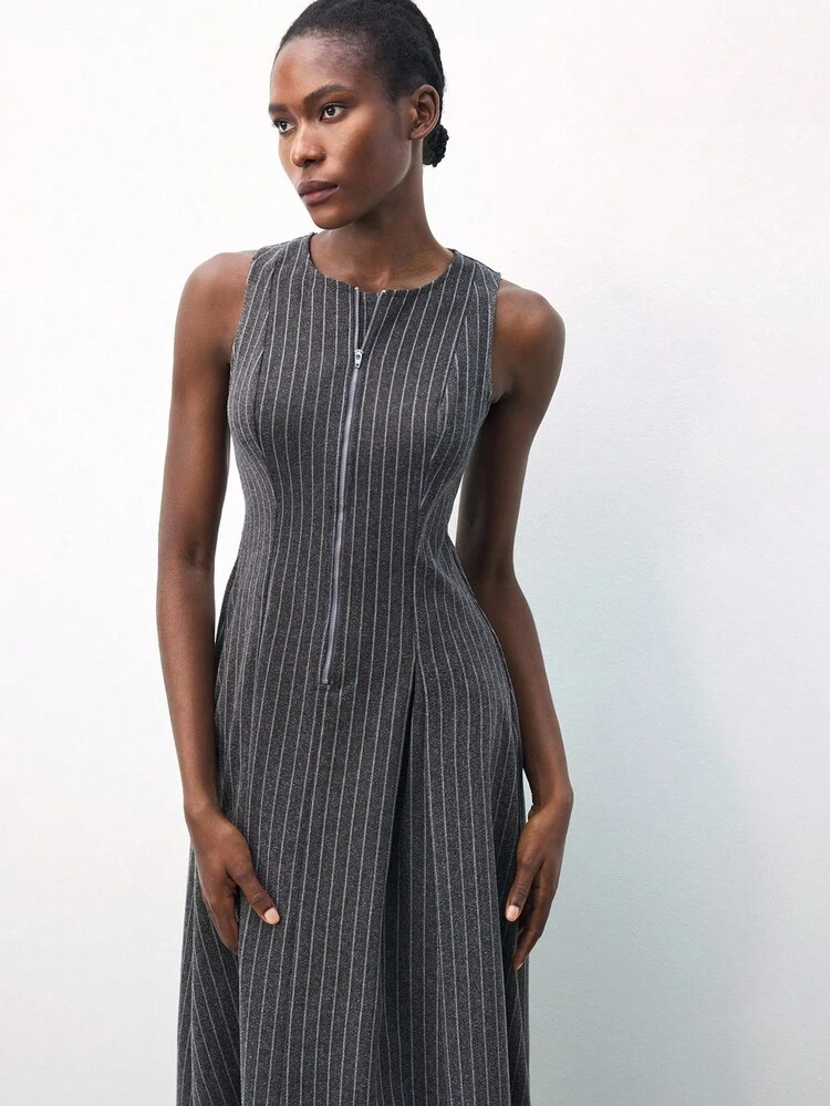 SHEIN Maija Women's Zipper Half Placket Striped Round Neck Sleeveless Pleated Dress,Chic Dress ,Autumn Clothes
